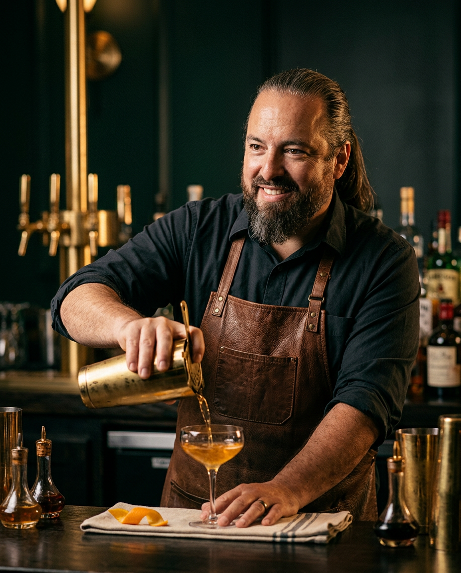 The bartender pouring a craft cocktail at the mobile bar